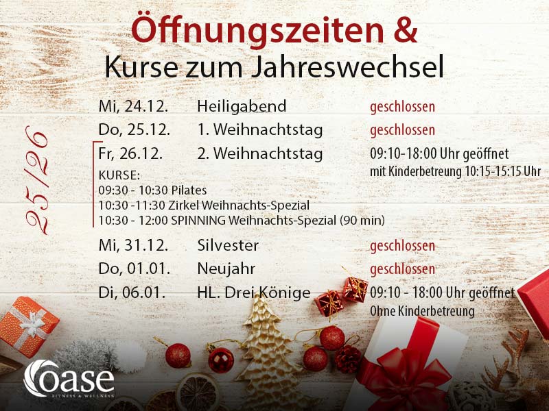 Öffnungszeiten & Kurse zum Jahreswechsel